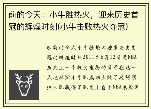 前的今天：小牛胜热火，迎来历史首冠的辉煌时刻(小牛击败热火夺冠)