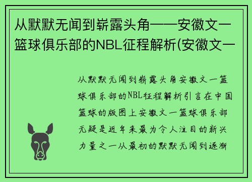 从默默无闻到崭露头角——安徽文一篮球俱乐部的NBL征程解析(安徽文一篮球队队员名单)