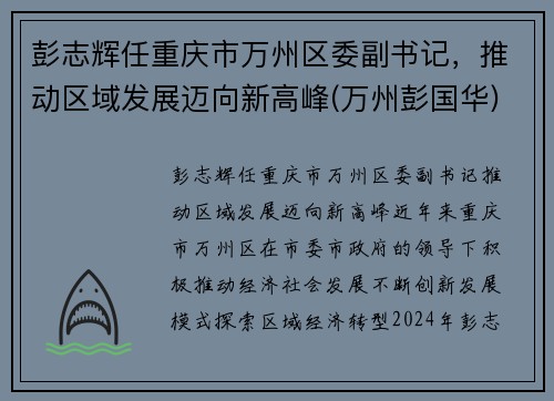 彭志辉任重庆市万州区委副书记，推动区域发展迈向新高峰(万州彭国华)