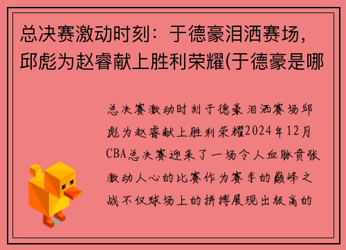 总决赛激动时刻：于德豪泪洒赛场，邱彪为赵睿献上胜利荣耀(于德豪是哪个队的)