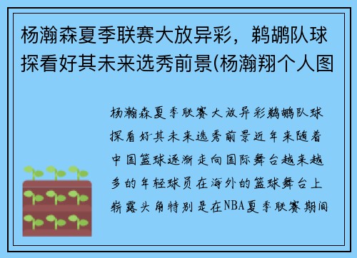 杨瀚森夏季联赛大放异彩，鹈鹕队球探看好其未来选秀前景(杨瀚翔个人图片)
