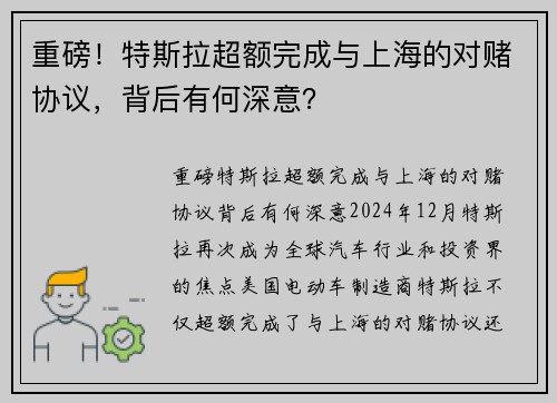 重磅！特斯拉超额完成与上海的对赌协议，背后有何深意？