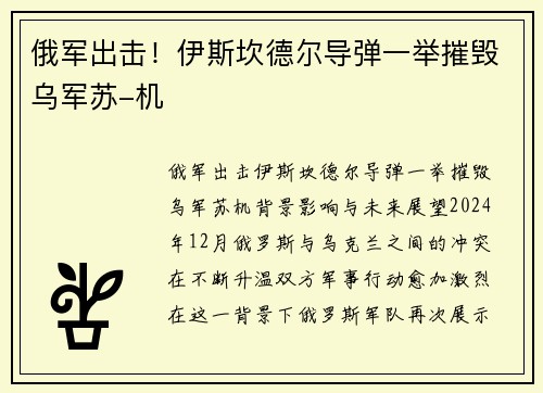 俄军出击！伊斯坎德尔导弹一举摧毁乌军苏-机