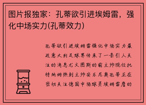 图片报独家：孔蒂欲引进埃姆雷，强化中场实力(孔蒂效力)