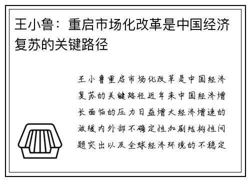 王小鲁：重启市场化改革是中国经济复苏的关键路径